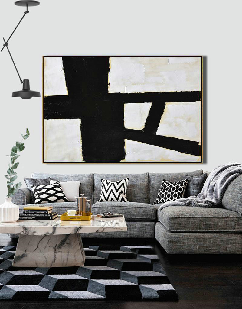 Hand Painted Original Art,Horizontal Palette Knife Minimal Canvas Art Painting Black White Beige - Contemporary Art Wall Decor